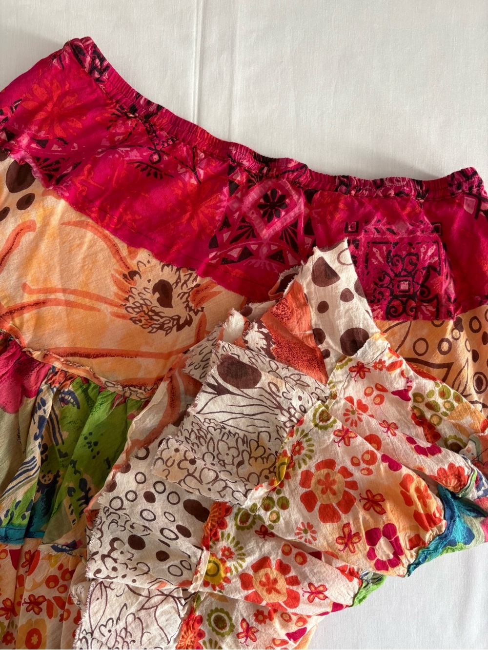 etc. Colorful Patchwork Tiered Mini Skirt Floral Boho Smocked Large